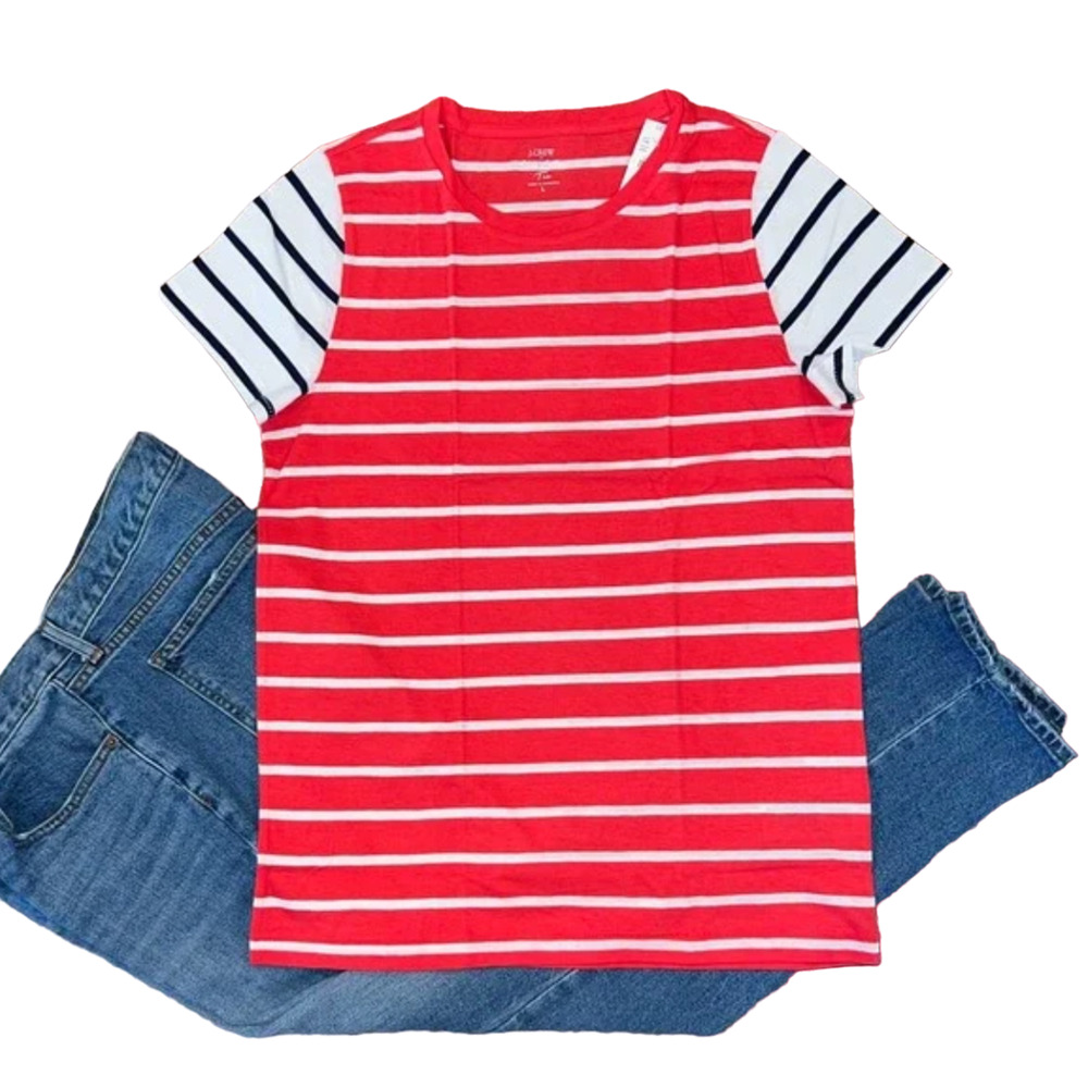 NWT J. Crew Geranium Red, Navy & White Striped Vintage Cotton Crewneck Tee - XL